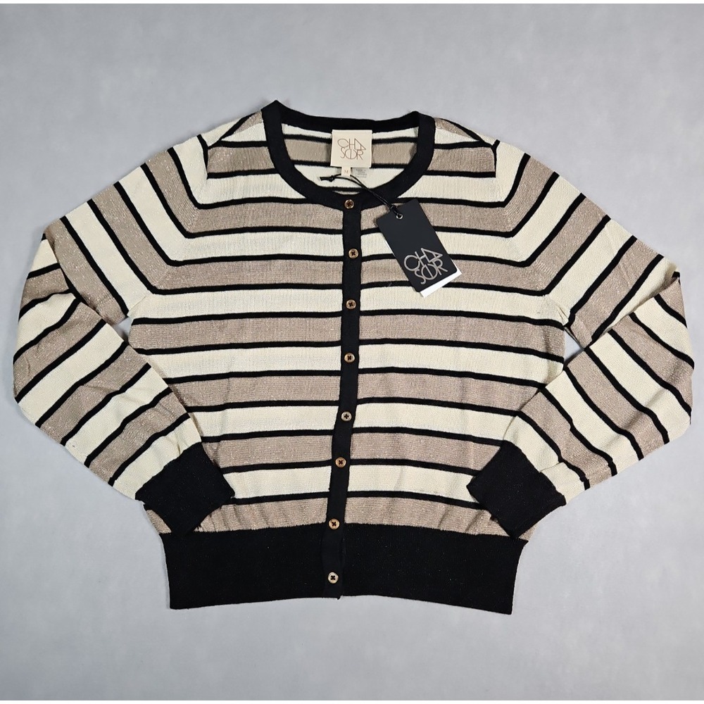 Chaser Womens Black Gold Metallic Striped Button Front Cardigan Size Medium NWT